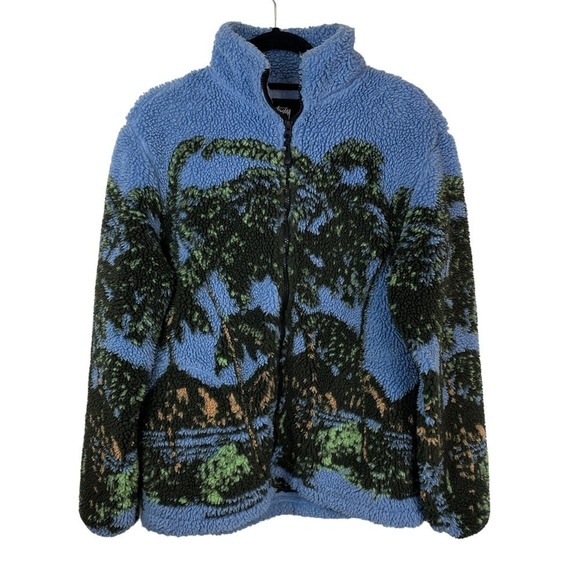 Stussy Hawaiian Jacquard Mock Neck Full Zip Fleece Sweatshirt Blue Size S - Picture 1 of 10